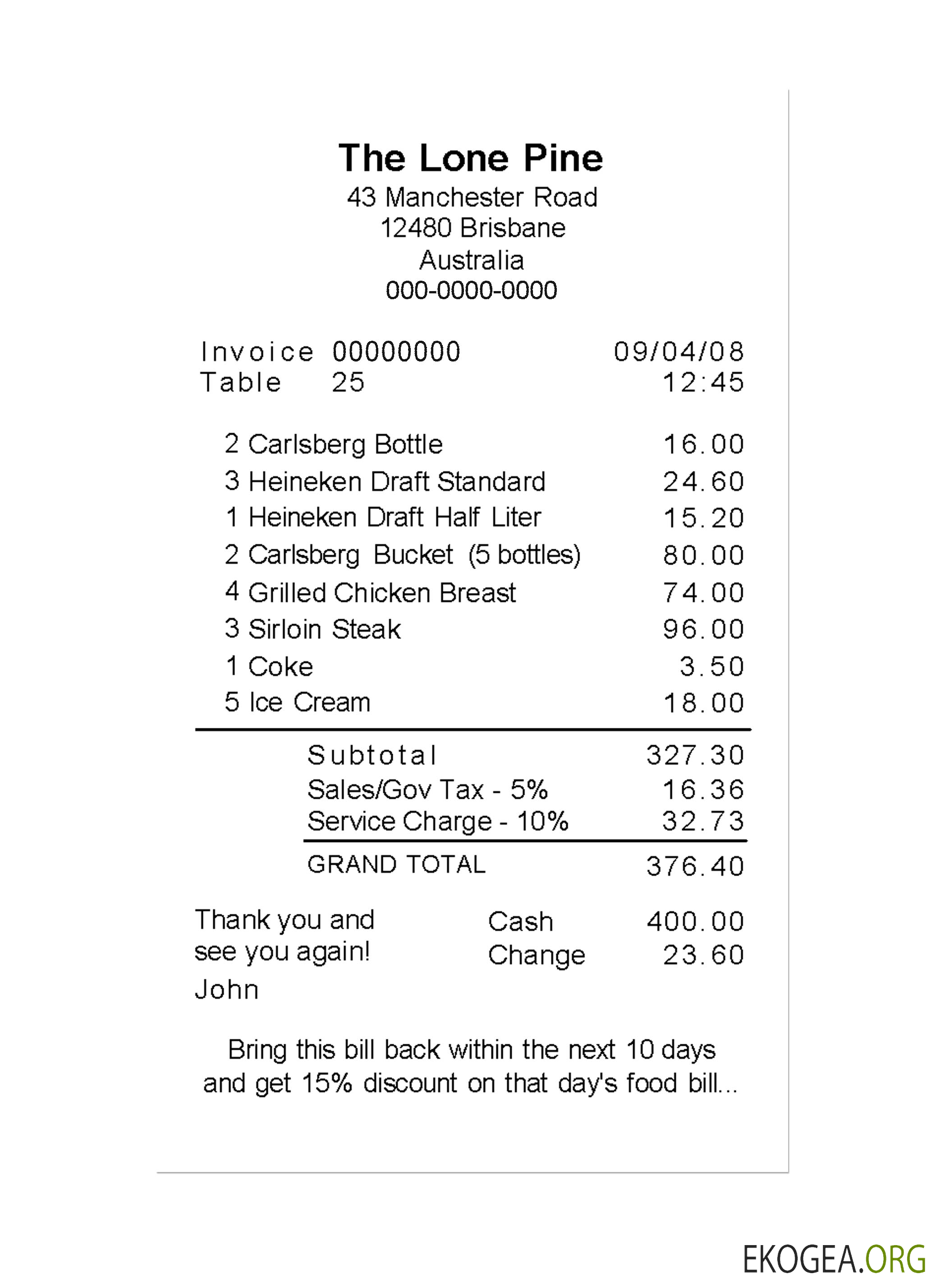 Chèque de paiement THE LONE PINE